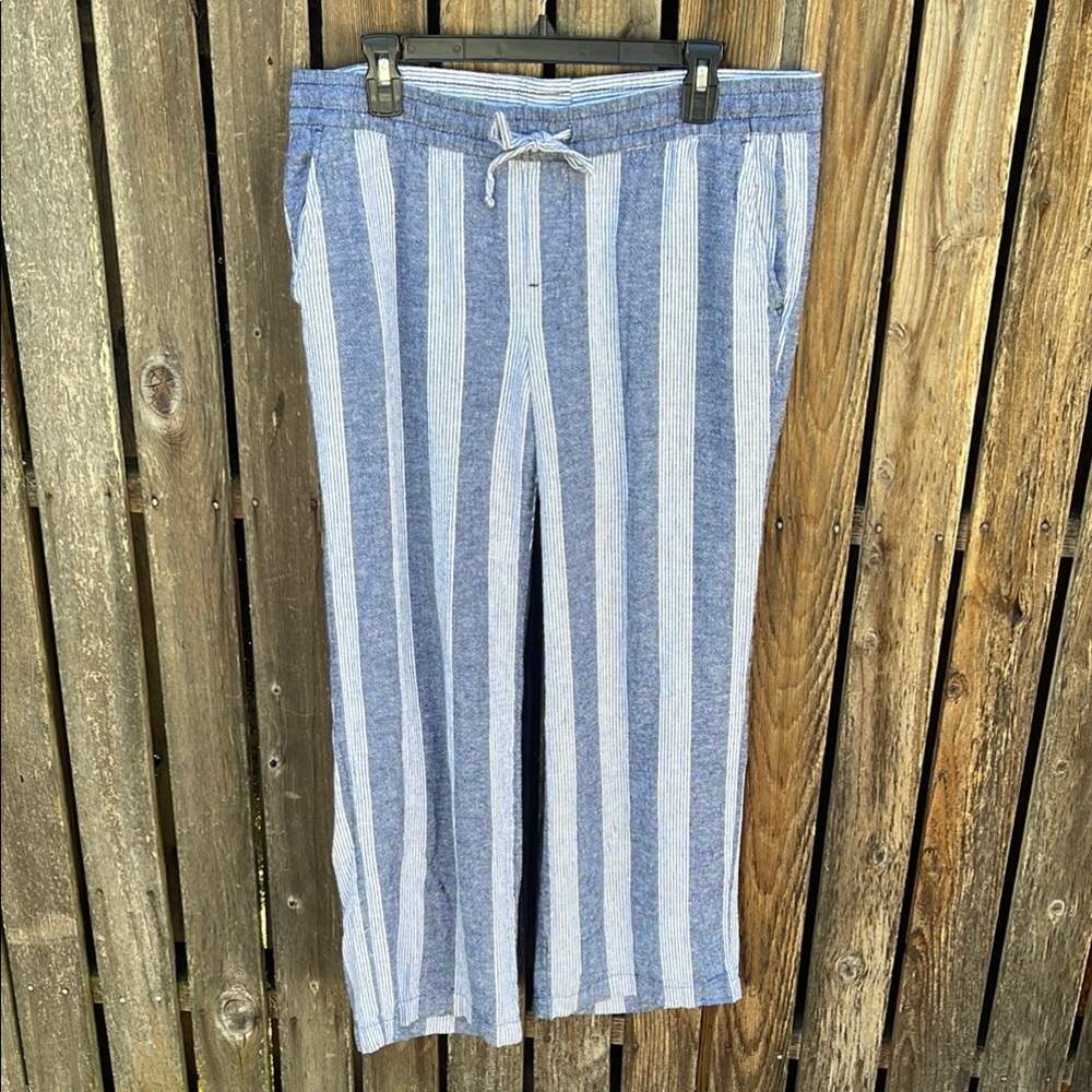 Old Navy Large Blue Striped Pull On Pants Linen Blend Elastic Waist L
